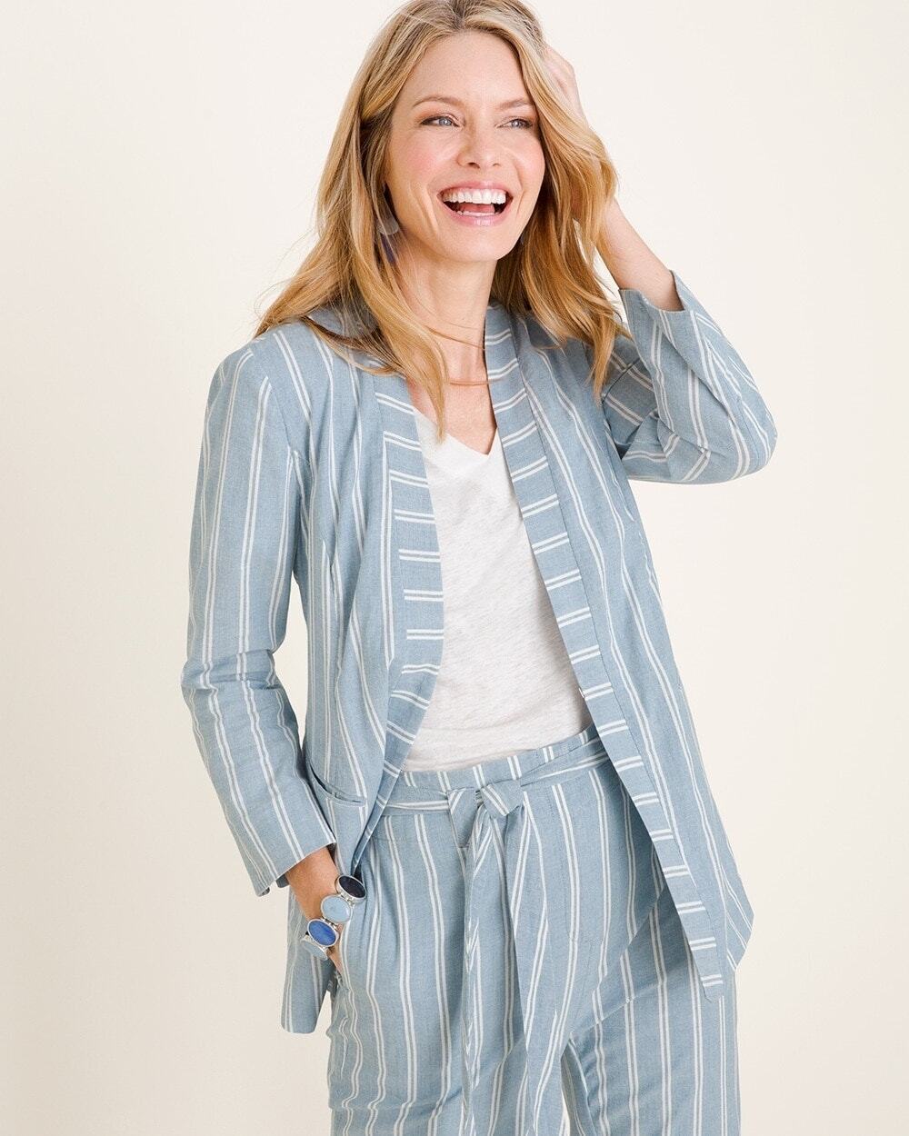 Chico’s Blue Striped Cotton Lightweight Blazer Jacket Size Large